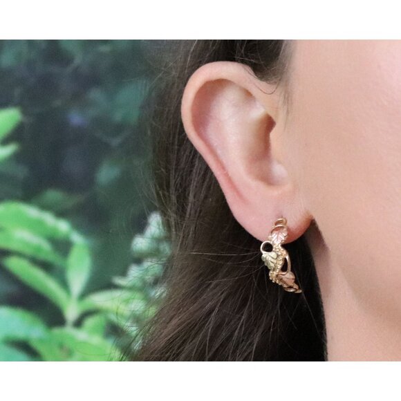 10k Yellow Gold Black Hills Gold Leaf Hoop Earrings 7/8" x 3/8" - Picture 5 of 10